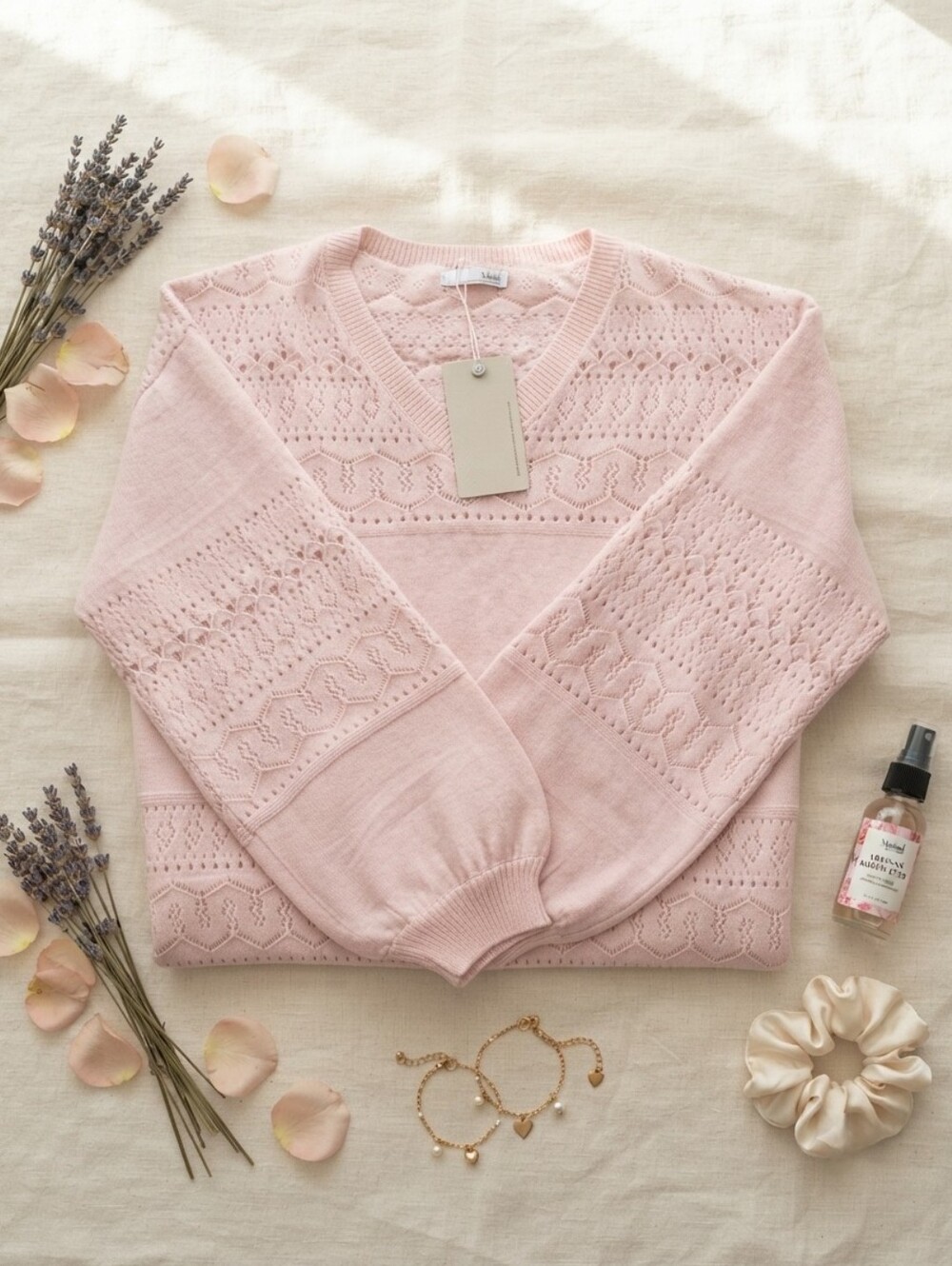 NWT Messic Lught Pink Open Work Crochet Knit V- Neck Sweater Sz L